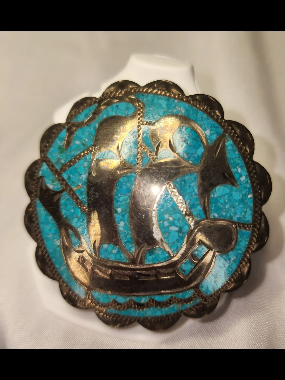 Turquoise Inlay Ship Pin/Pendant, Signed, Vintage